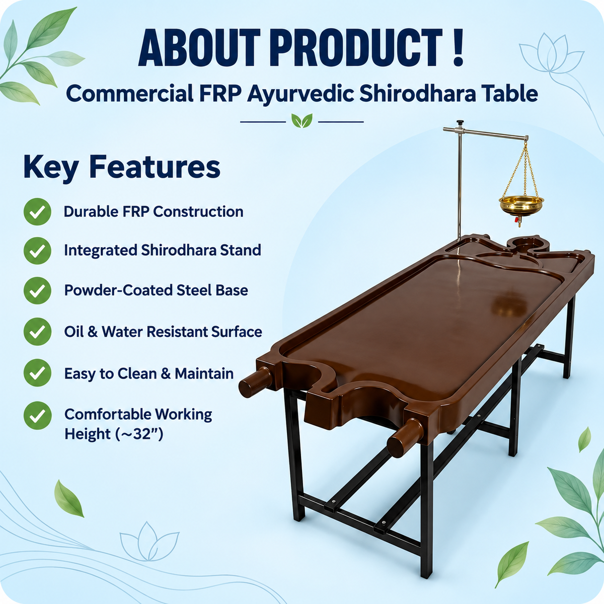 GOTBULL Commercial Series FRP Ayurvedic Abhyanga & Panchakarma Massage Table with WITH SHIRODHARA STAND