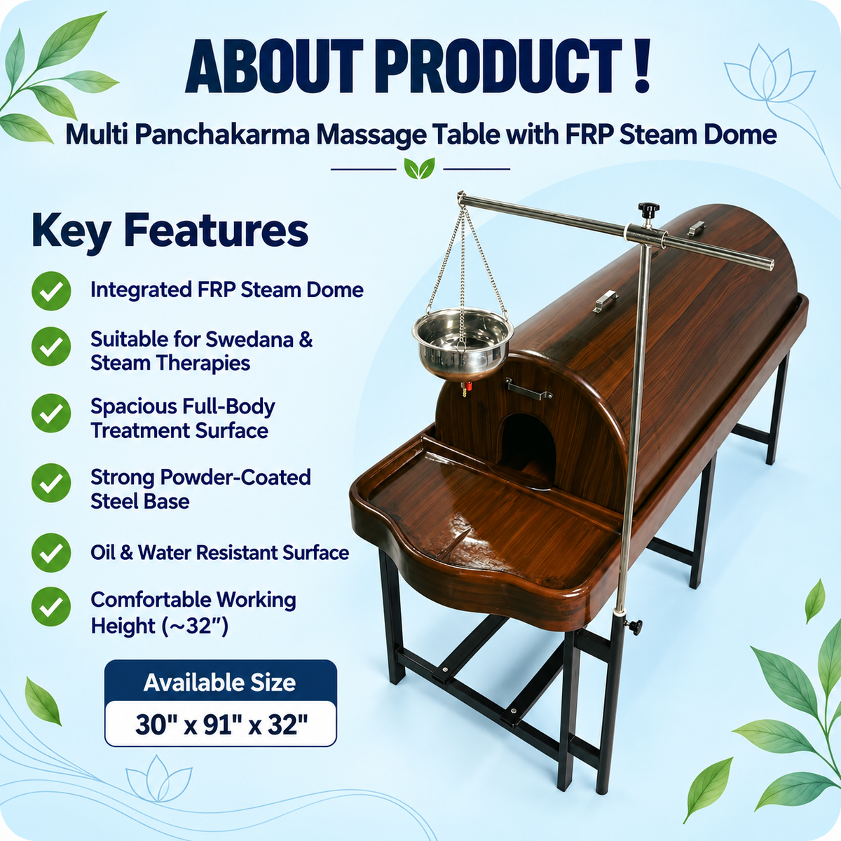GOTBULL Multipurpose Panchakarma Massage Table with FRP Steam Dome and Shirodha Stand